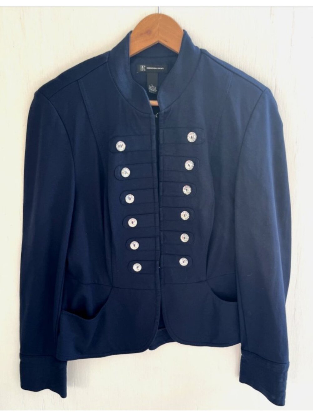 INC International Concepts Navy Blue Military Knit Blazer Rhinestones Stretch L